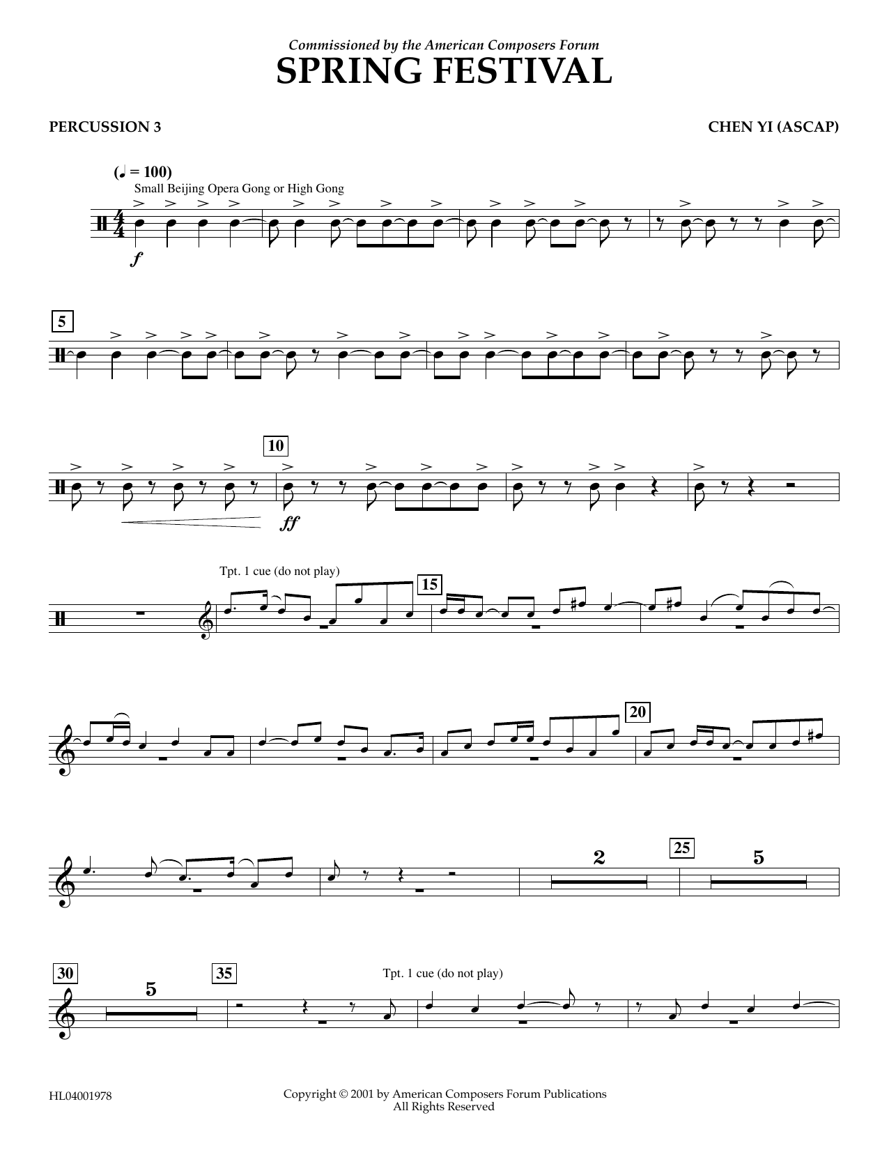 Learn to play Chen Yi Spring Festival - Percussion 3 sheet music for Concert Band in minutes. Price: 5.9900$ Chen Yi Spring Festival - Percussion 3 sheet music notes and chords arranged for Concert Band