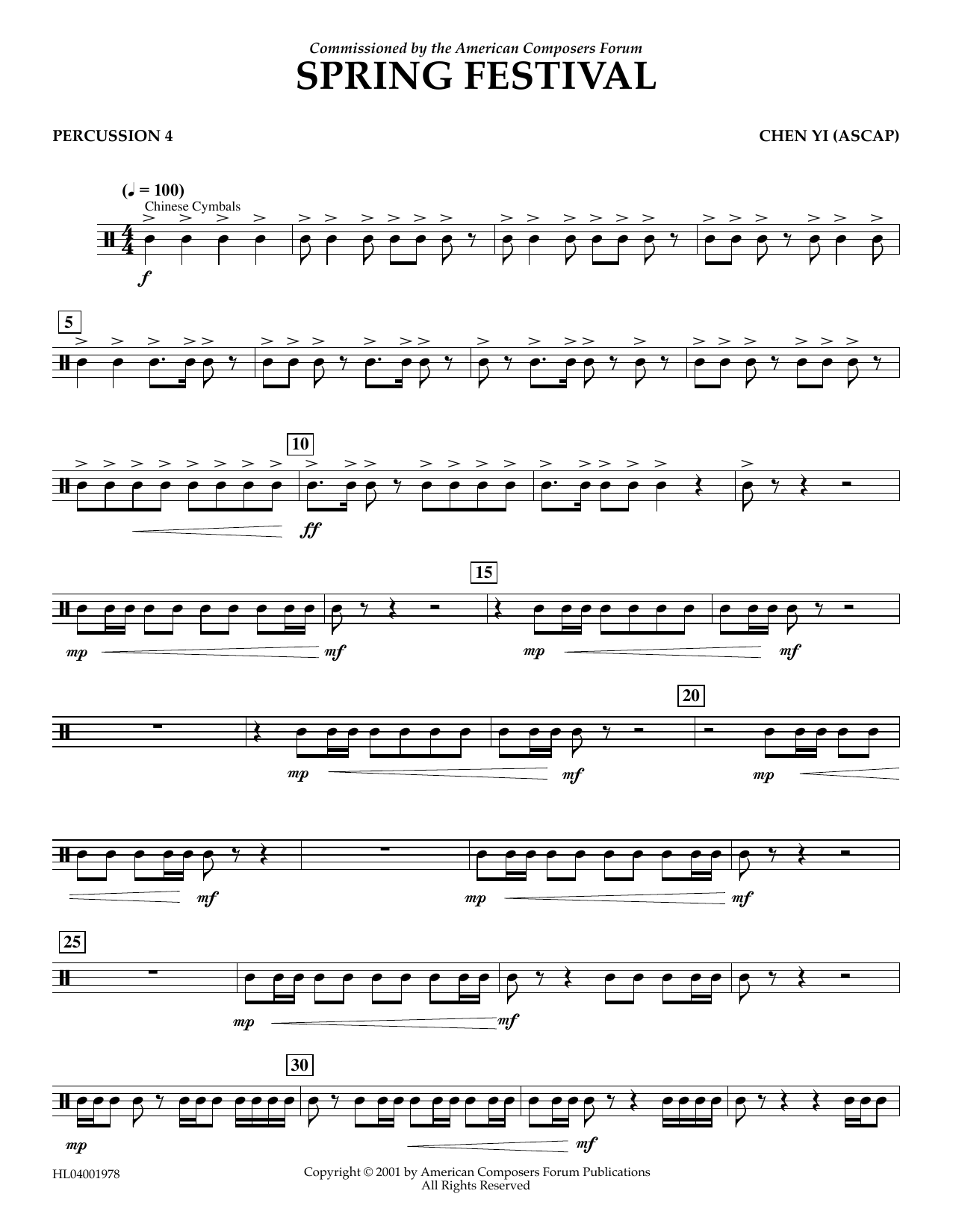 Learn to play Chen Yi Spring Festival - Percussion 4 sheet music for Concert Band in minutes. Price: 5.9900$ Chen Yi Spring Festival - Percussion 4 sheet music notes and chords arranged for Concert Band