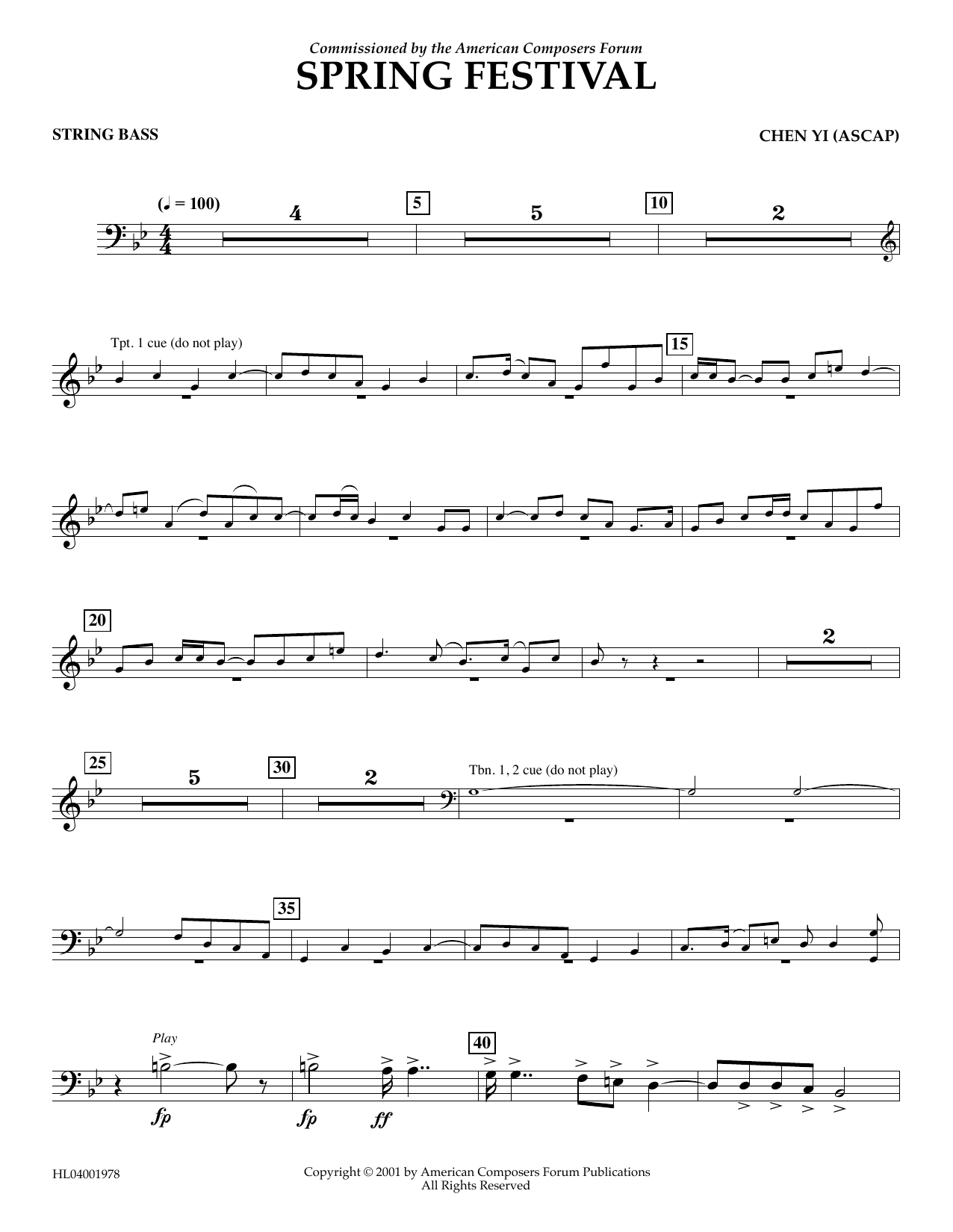 Learn to play Chen Yi Spring Festival - String Bass sheet music for Concert Band in minutes. Price: 5.9900$ Chen Yi Spring Festival - String Bass sheet music notes and chords arranged for Concert Band