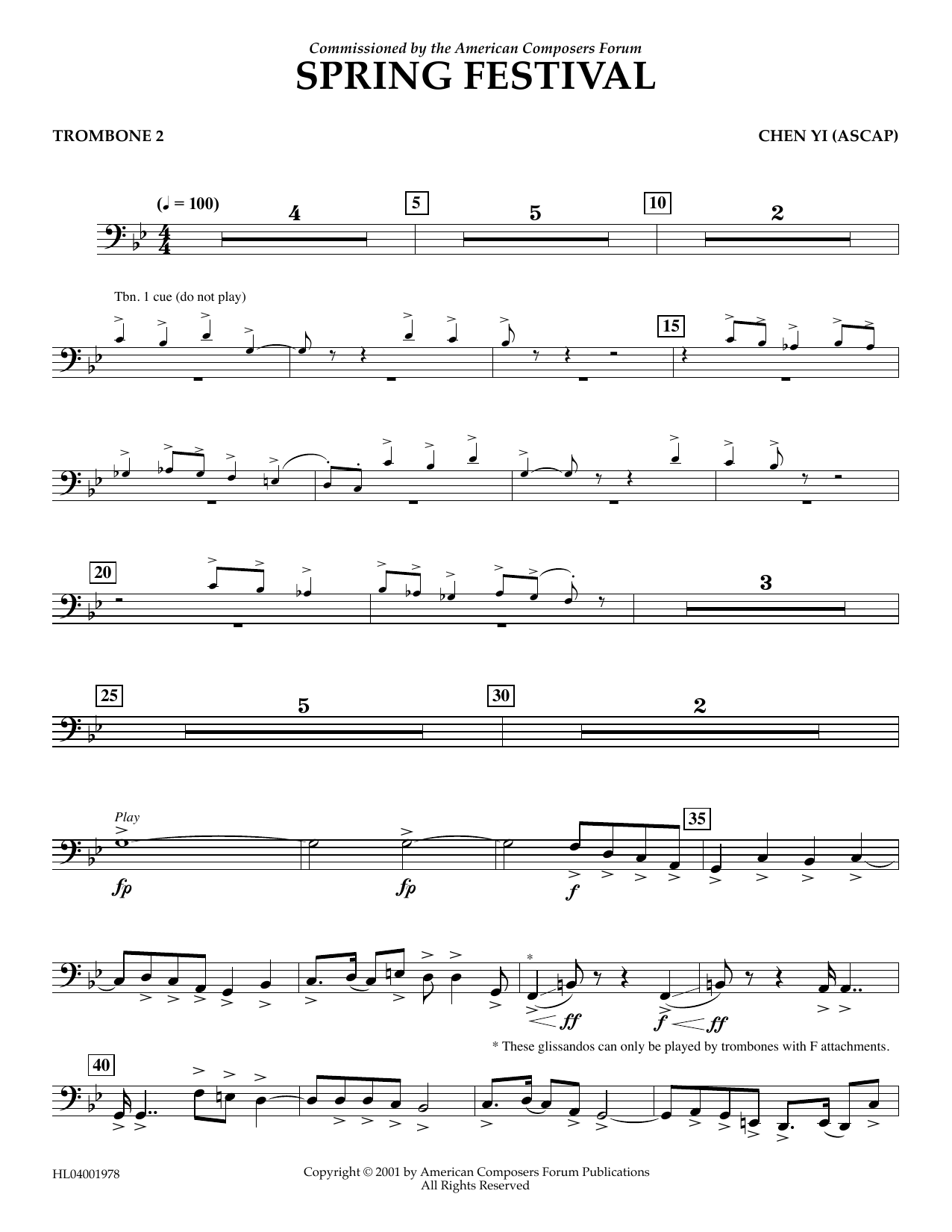 Learn to play Chen Yi Spring Festival - Trombone 2 sheet music for Concert Band in minutes. Price: 5.9900$ Chen Yi Spring Festival - Trombone 2 sheet music notes and chords arranged for Concert Band