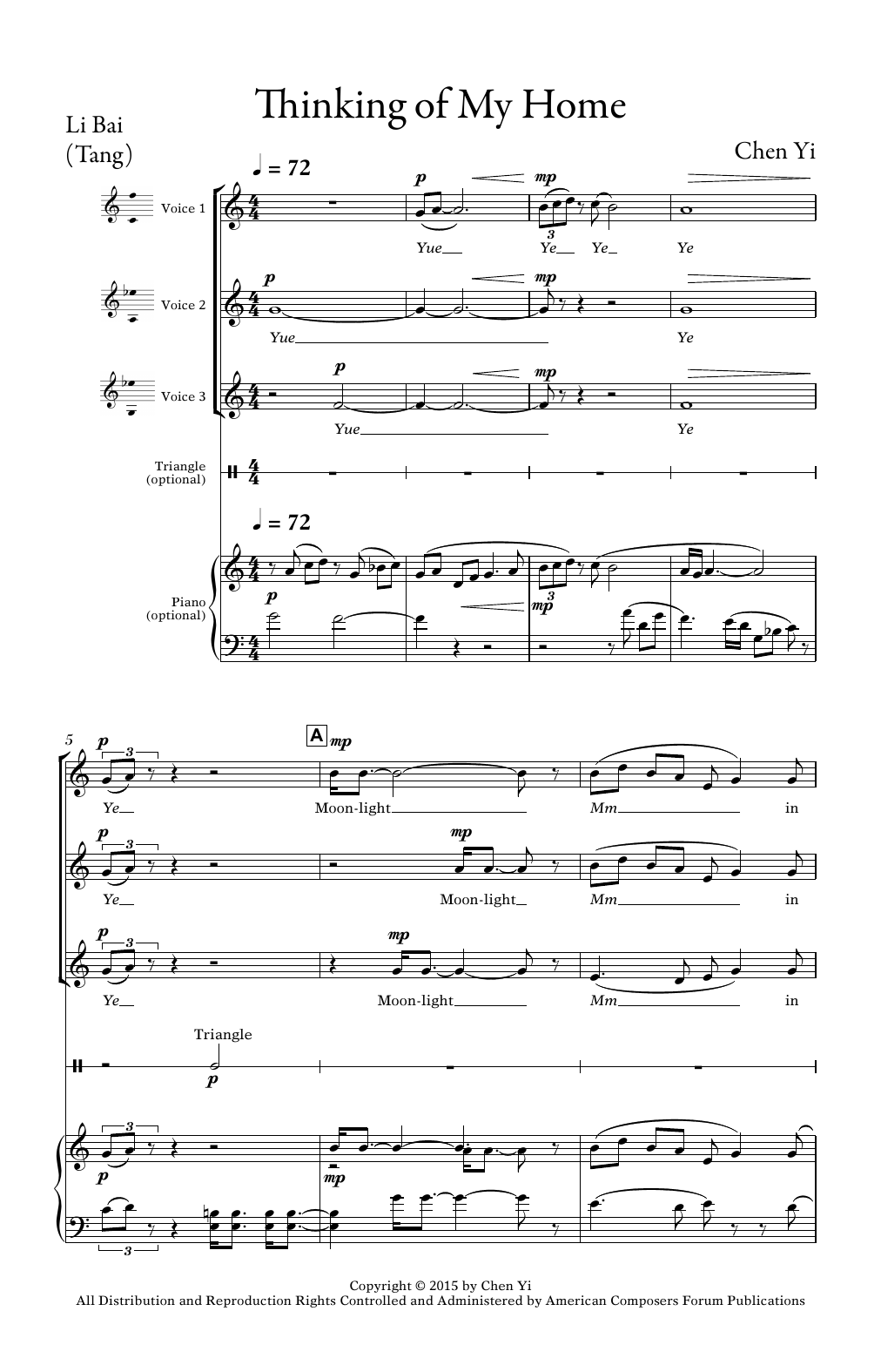 Learn to play Chen Yi Thinking of My Home sheet music for 3-Part Treble Choir in minutes. Price: 3.9900$ Chen Yi Thinking of My Home sheet music notes and chords arranged for 3-Part Treble Choir