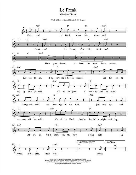 Chic Le Freak sheet music notes and chords. Download Printable PDF.