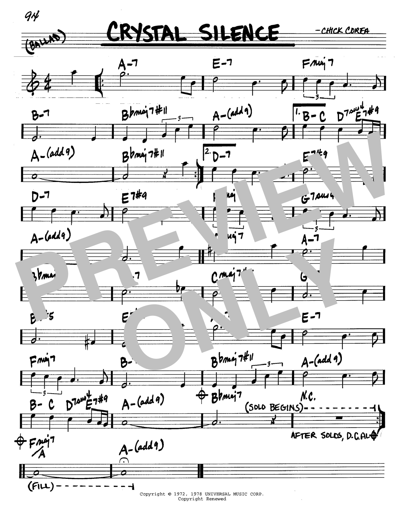 Learn to play Chick Corea Crystal Silence sheet music for Real Book – Melody & Chords in minutes. Chick Corea Crystal Silence sheet music notes and chords. Download Printable PDF.