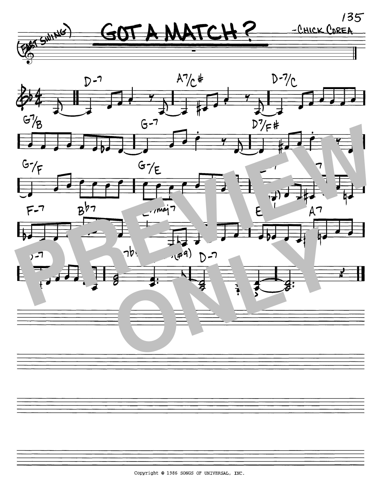 Learn to play Chick Corea Got A Match? sheet music for Real Book – Melody & Chords in minutes. Chick Corea Got A Match? sheet music notes and chords. Download Printable PDF.