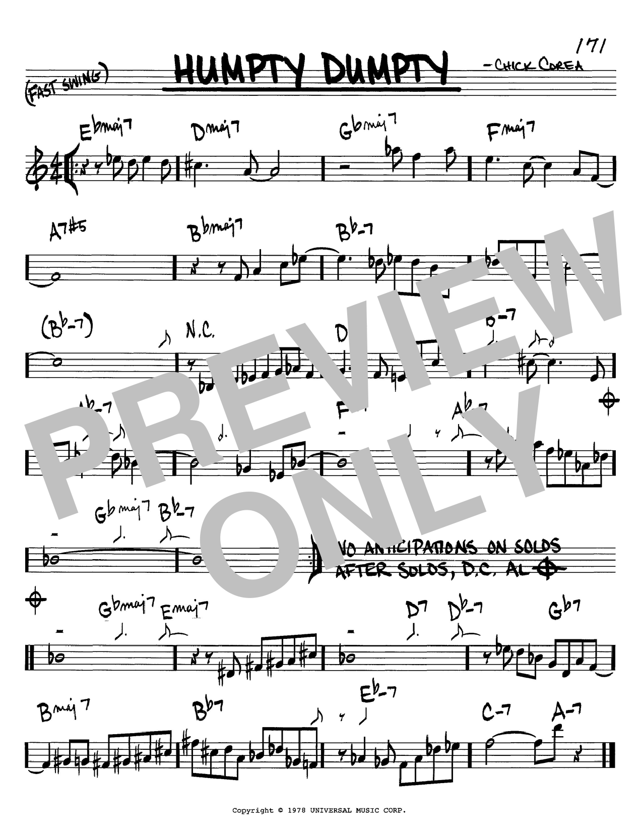 Learn to play Chick Corea Humpty Dumpty sheet music for Real Book – Melody & Chords in minutes. Chick Corea Humpty Dumpty sheet music notes and chords. Download Printable PDF.