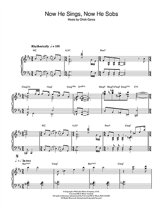 Learn to play Chick Corea Now He Sings, Now He Sobs sheet music for Piano Solo in minutes. Chick Corea Now He Sings, Now He Sobs sheet music notes and chords. Download Printable PDF.