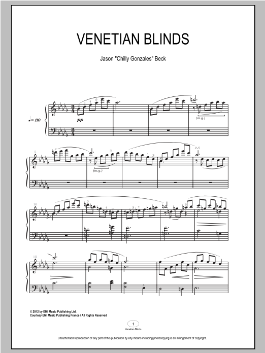 Chilly Gonzales Venetian Blinds sheet music notes and chords. Download Printable PDF.