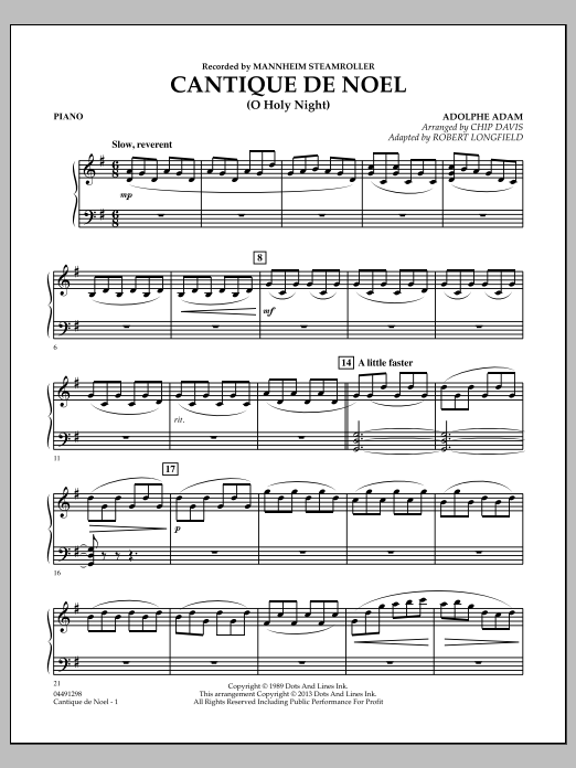 Chip Davis Cantique De Noel O Holy Night Piano Sheet Music Pdf Notes Chords Christmas Score Orchestra Download Printable Sku 321518