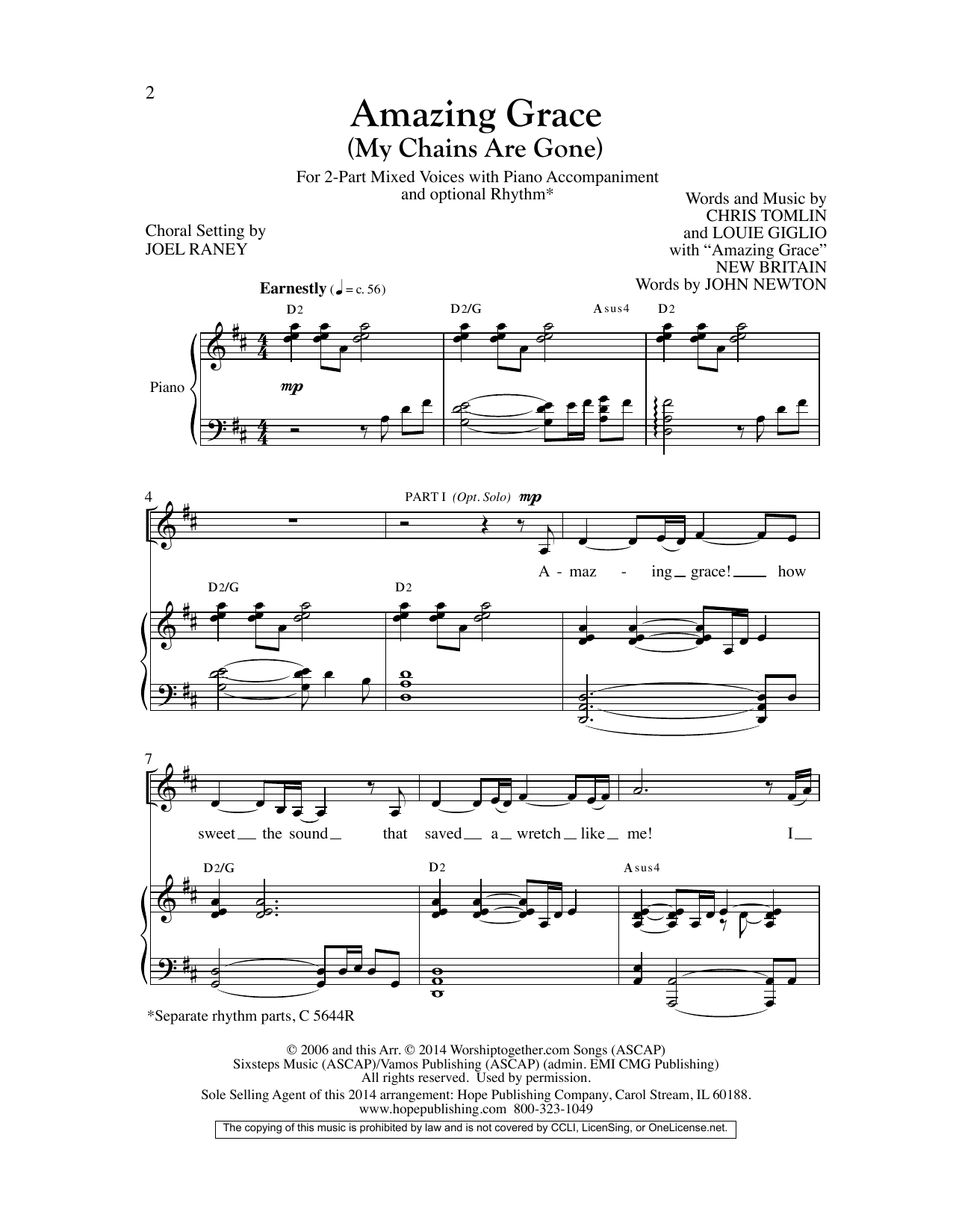 Chris Tomlin Amazing Grace (My Chains Are Gone) (arr. Joel Raney) sheet music notes and chords. Download Printable PDF.