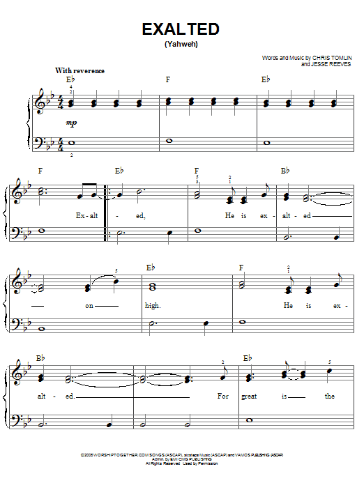 Chris Tomlin Exalted (Yahweh) sheet music notes and chords. Download Printable PDF.