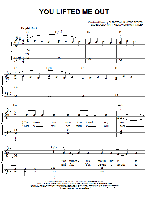 Chris Tomlin You Lifted Me Out sheet music notes and chords. Download Printable PDF.