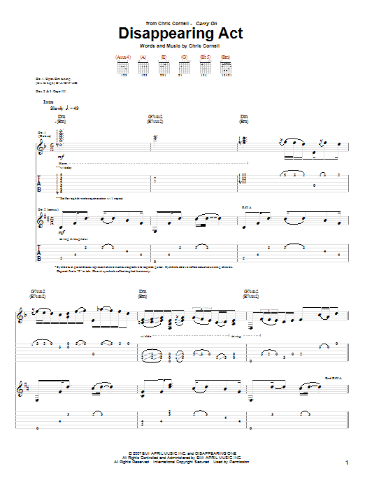 Learn to play Chris Cornell Disappearing Act sheet music for Guitar Tab in minutes. Price: 7.8900$ Chris Cornell Disappearing Act sheet music notes and chords arranged for Guitar Tab