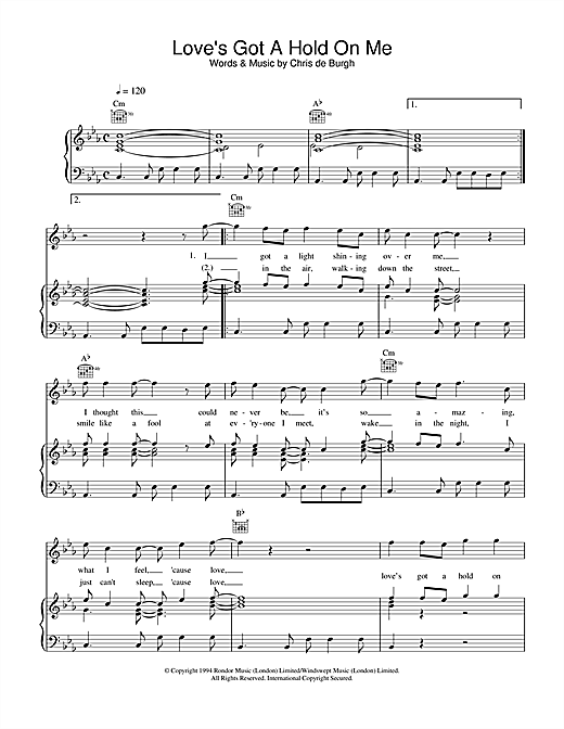 Learn to play Chris de Burgh Love's Got A Hold On Me sheet music for Piano, Vocal & Guitar (Right-Hand Melody) in minutes. Chris de Burgh Love's Got A Hold On Me sheet music notes and chords. Download Printable PDF.