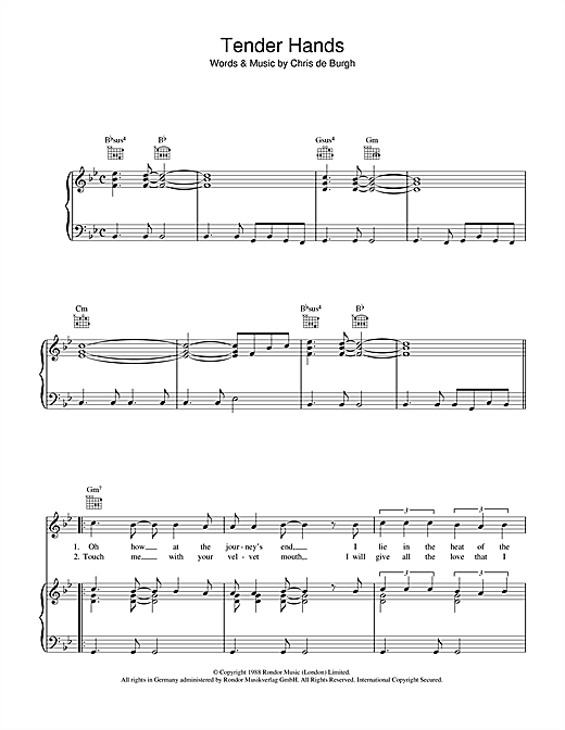 Chris de Burgh Tender Hands sheet music notes and chords. Download Printable PDF.