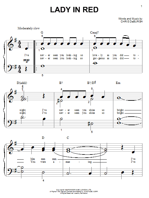 Chris de Burgh Lady In Red sheet music notes and chords. Download Printable PDF.