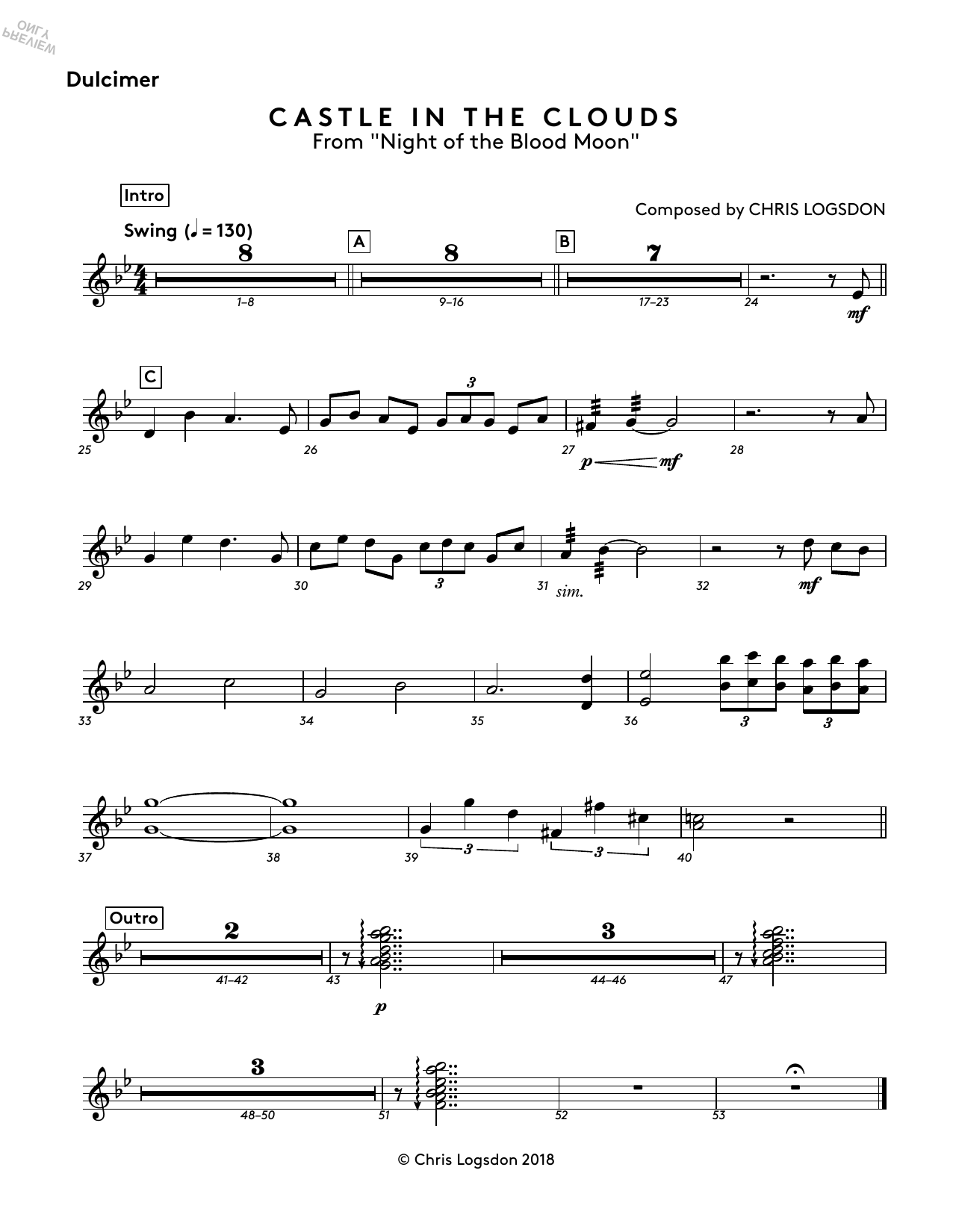 Chris Logsdon Castle In The Clouds (from Night of the Blood Moon) - Dulcimer sheet music notes and chords. Download Printable PDF.
