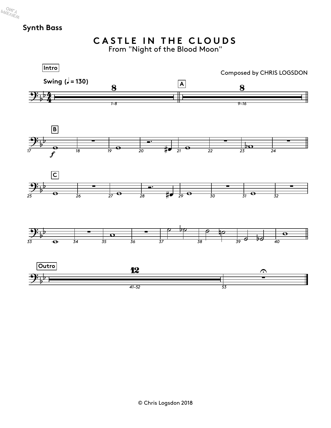 Learn to play Chris Logsdon Castle In The Clouds (from Night of the Blood Moon) - Synth. Bass sheet music for Performance Ensemble in minutes. Price: 44.9900$ Chris Logsdon Castle In The Clouds (from Night of the Blood Moon) - Synth. Bass sheet music notes and chords arranged for Performance Ensemble