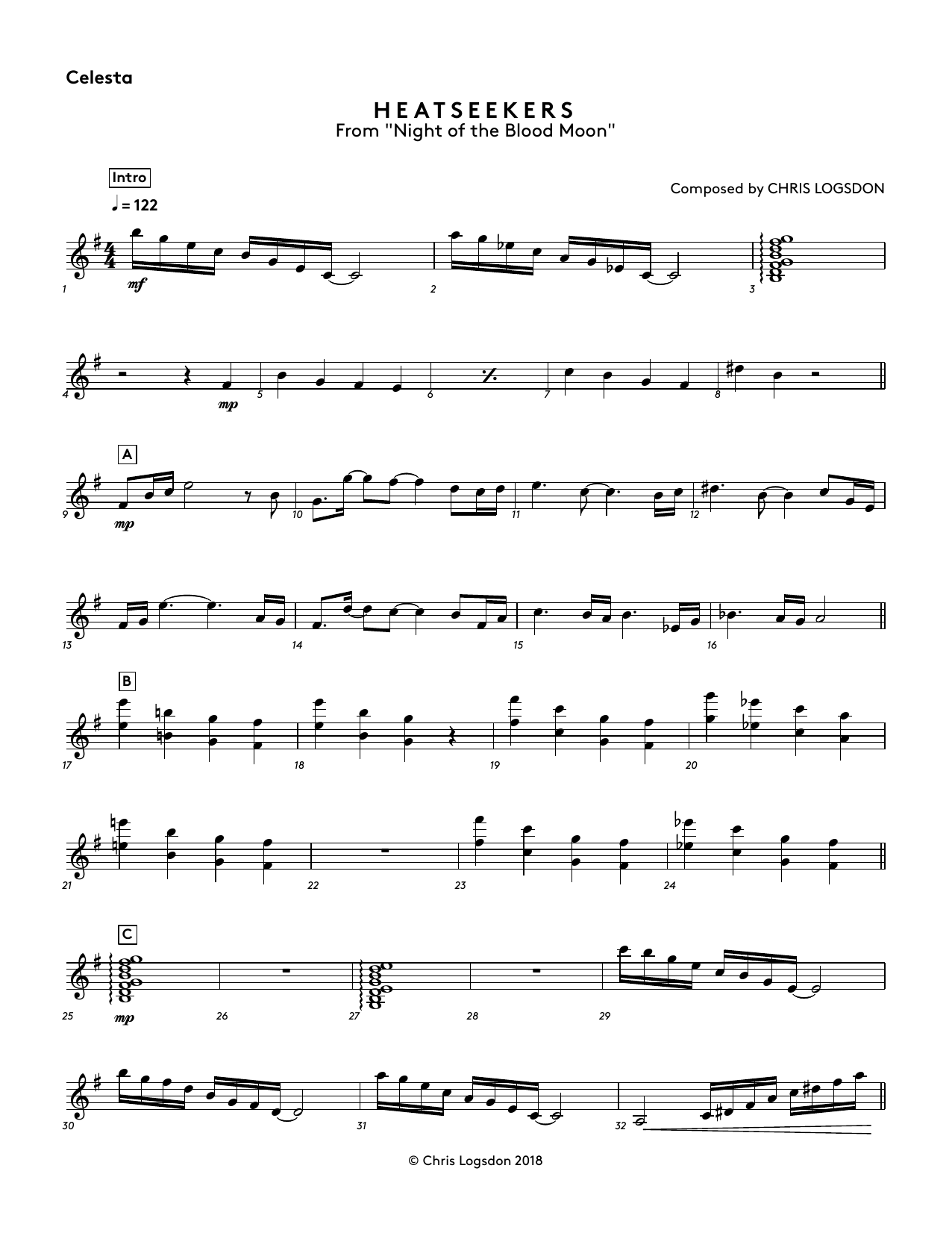 Learn to play Chris Logsdon Heatseekers (from Night of the Blood Moon) - Celesta sheet music for Performance Ensemble in minutes. Price: 44.9900$ Chris Logsdon Heatseekers (from Night of the Blood Moon) - Celesta sheet music notes and chords arranged for Performance Ensemble