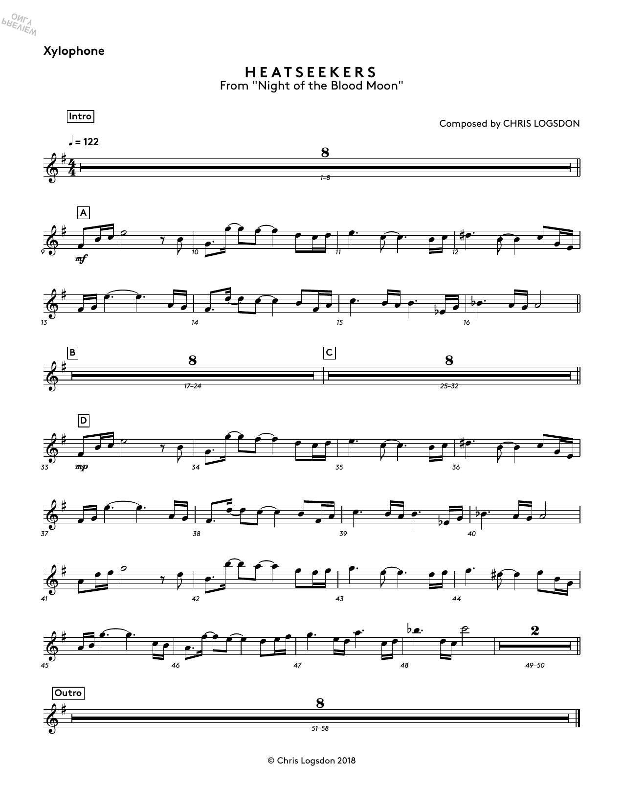 Learn to play Chris Logsdon Heatseekers (from Night of the Blood Moon) - Xylophone sheet music for Performance Ensemble in minutes. Price: 44.9900$ Chris Logsdon Heatseekers (from Night of the Blood Moon) - Xylophone sheet music notes and chords arranged for Performance Ensemble