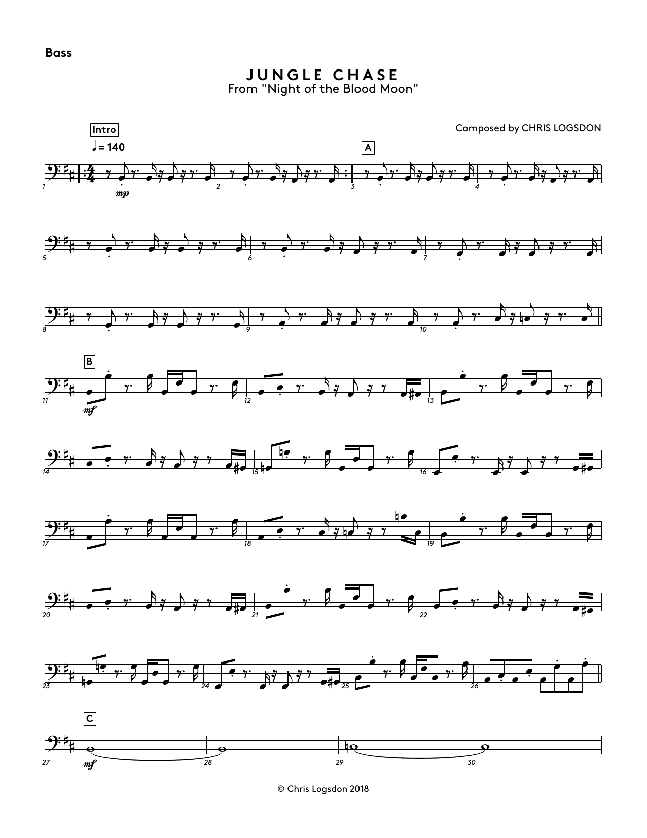 Learn to play Chris Logsdon Jungle Chase (from Night of the Blood Moon) - Bass sheet music for Performance Ensemble in minutes. Price: 44.9900$ Chris Logsdon Jungle Chase (from Night of the Blood Moon) - Bass sheet music notes and chords arranged for Performance Ensemble