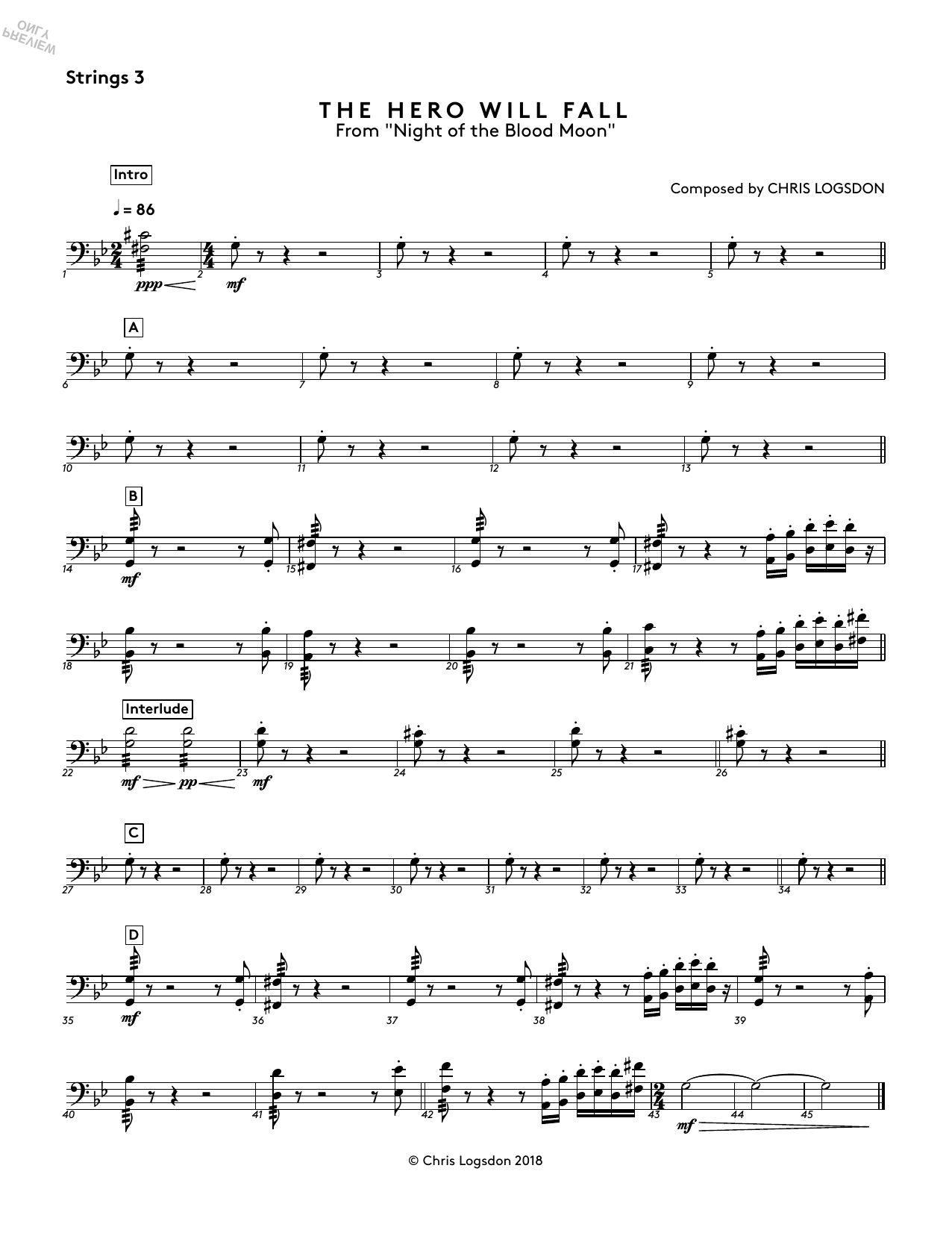 Chris Logsdon The Hero Will Fall (from Night of the Blood Moon) - Strings 3 sheet music notes and chords. Download Printable PDF.
