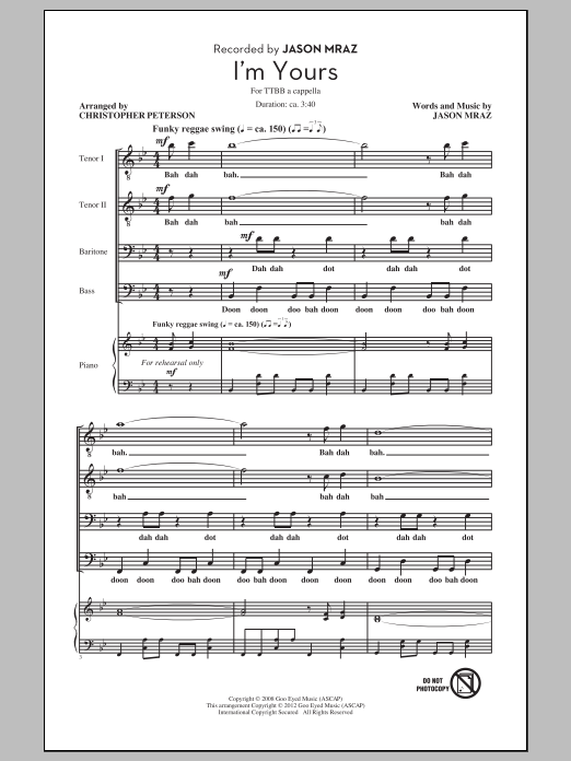 Jason Mraz I'm Yours (arr. Chris Peterson) sheet music notes and chords. Download Printable PDF.