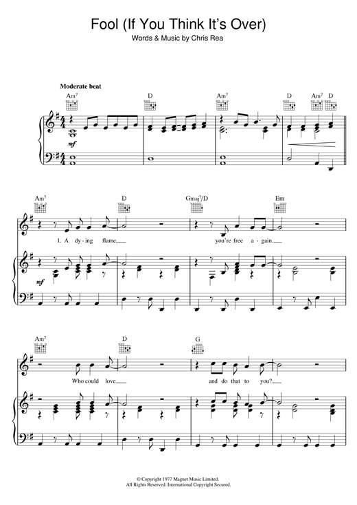 Chris Rea Fool If You Think It S Over Sheet Music Pdf Notes Chords Rock Score Piano Vocal Guitar Right Hand Melody Download Printable Sku 122801