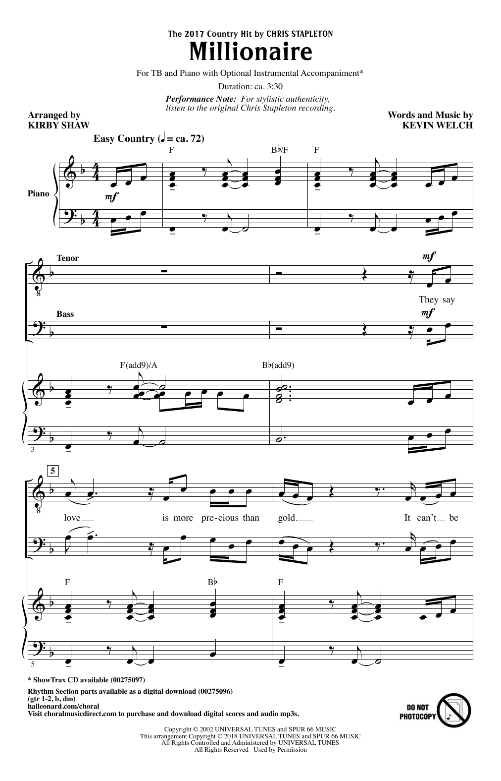 Chris Stapleton "Millionaire (arr. Kirby Shaw)" Sheet Music PDF Notes ...