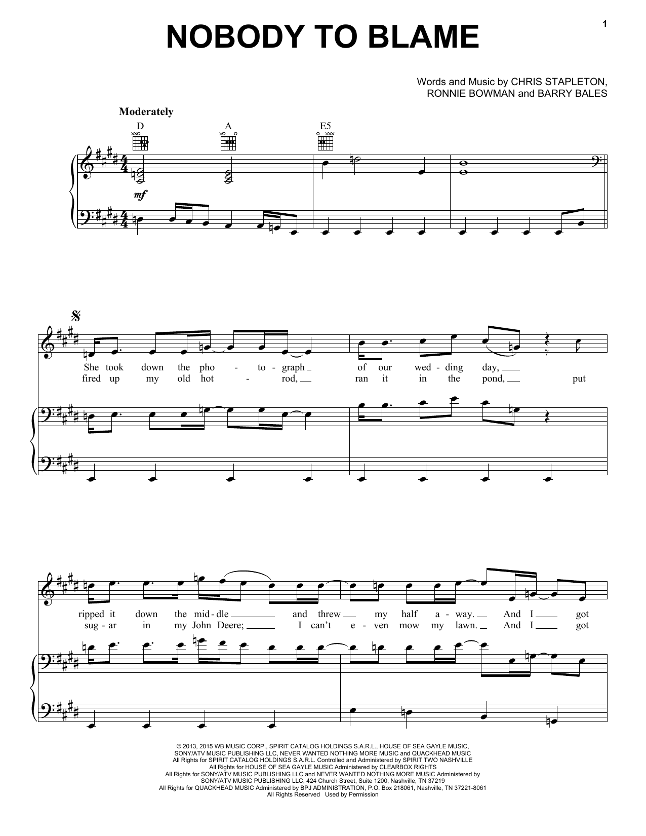 Chris Stapleton Nobody To Blame sheet music notes and chords. Download Printable PDF.