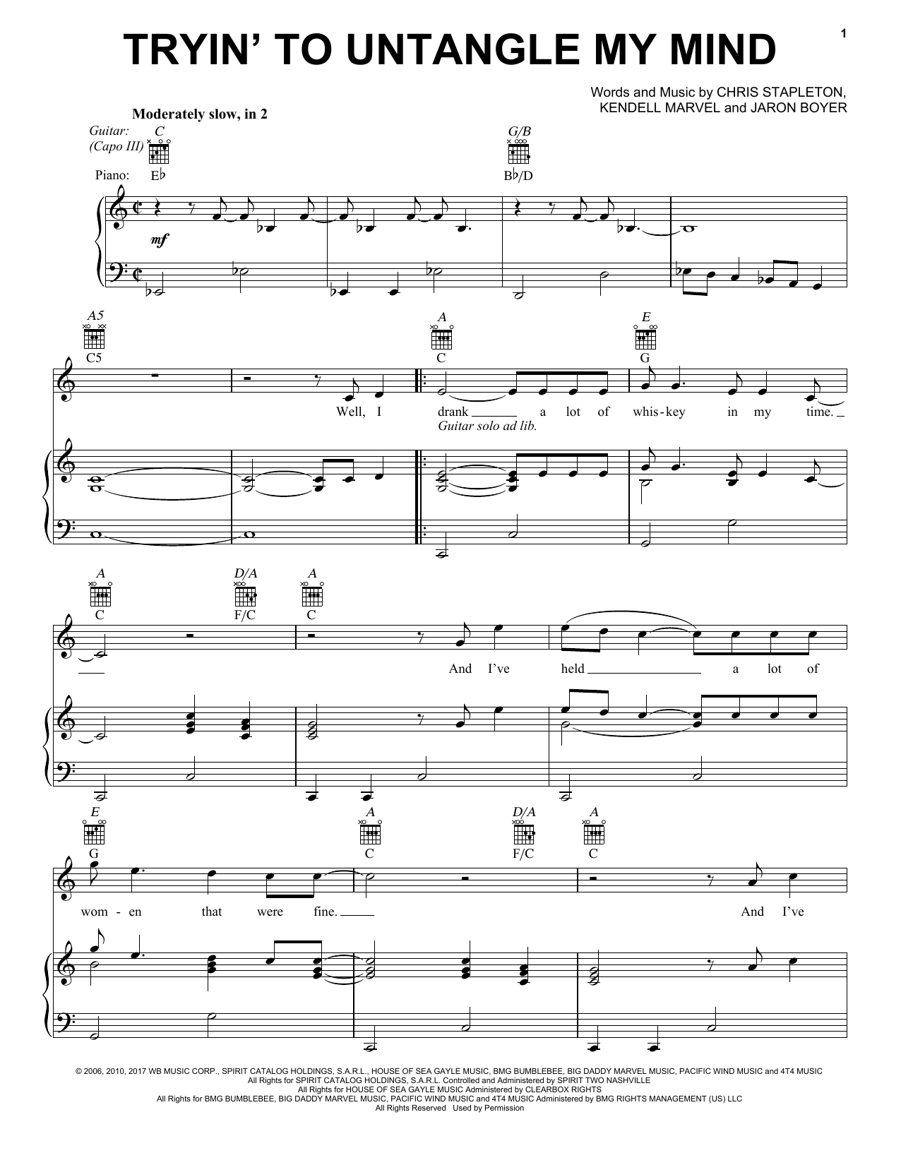 Chris Stapleton Tryin' To Untangle My Mind sheet music notes and chords arranged for Piano, Vocal & Guitar Chords (Right-Hand Melody)