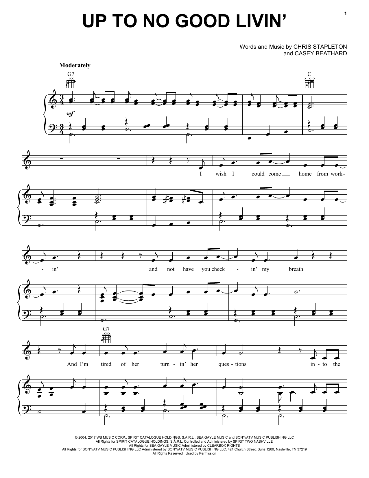 Learn to play Chris Stapleton Up To No Good Livin' sheet music for Piano, Vocal & Guitar Chords (Right-Hand Melody) in minutes. Price: 7.8900$ Chris Stapleton Up To No Good Livin' sheet music notes and chords arranged for Piano, Vocal & Guitar Chords (Right-Hand Melody)