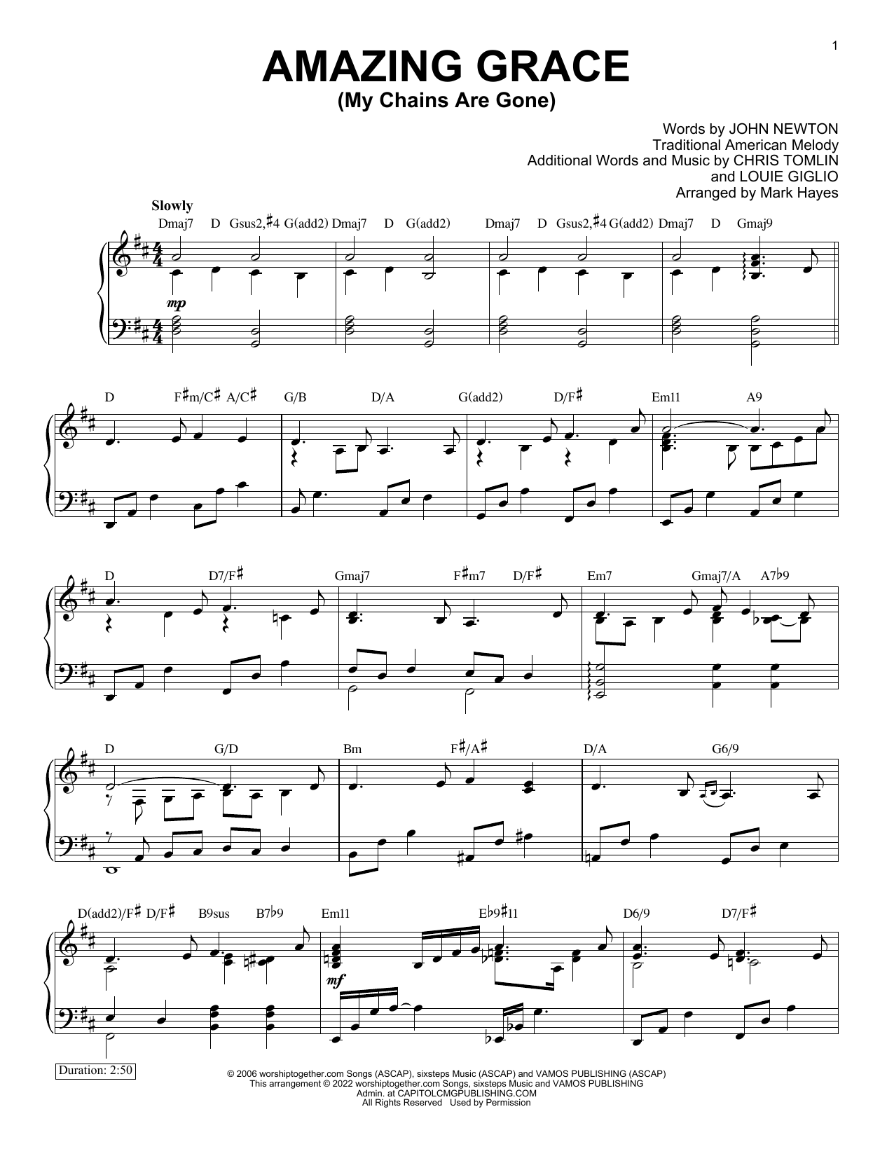 Chris Tomlin "Amazing Grace" Sheet Music for Piano Solo Download PDF