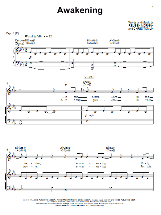 Chris Tomlin Awakening sheet music notes and chords. Download Printable PDF.