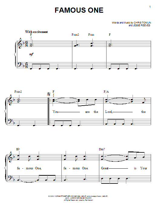 Learn to play Chris Tomlin Famous One sheet music for Piano, Vocal & Guitar (Right-Hand Melody) in minutes. Chris Tomlin Famous One sheet music notes and chords. Download Printable PDF.