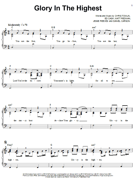 Chris Tomlin Glory In The Highest Sheet Music Pdf Notes Chords Christian Score Piano Vocal Guitar Right Hand Melody Download Printable Sku 56689