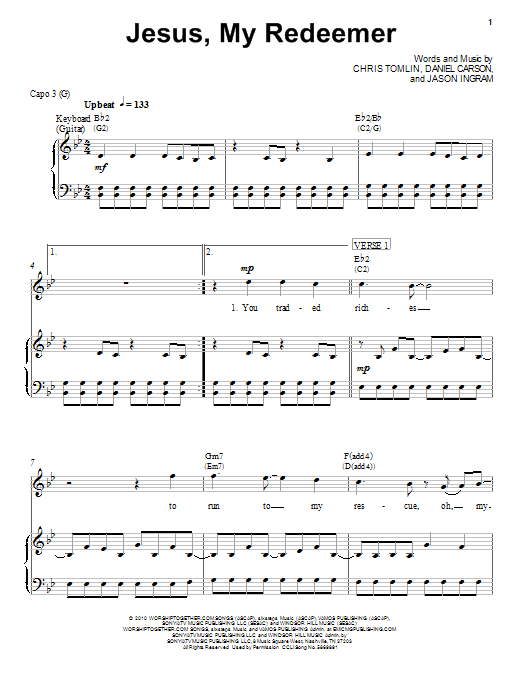 Chris Tomlin Jesus, My Redeemer sheet music notes and chords. Download Printable PDF.