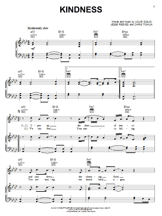 Learn to play Chris Tomlin Kindness sheet music for Piano, Vocal & Guitar (Right-Hand Melody) in minutes. Chris Tomlin Kindness sheet music notes and chords. Download Printable PDF.