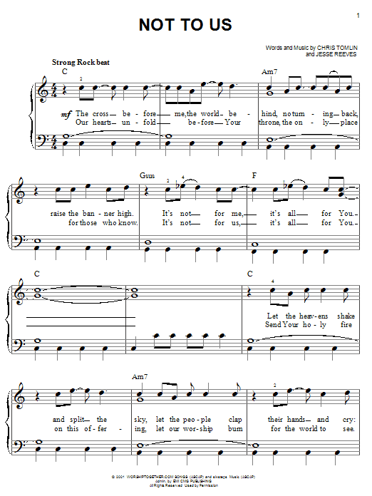 Chris Tomlin Not To Us sheet music for Lead Sheet / Fake Book in minutes. Price: 7.4900$ Chris Tomlin Not To Us sheet music notes and chords. Download Printable PDF.