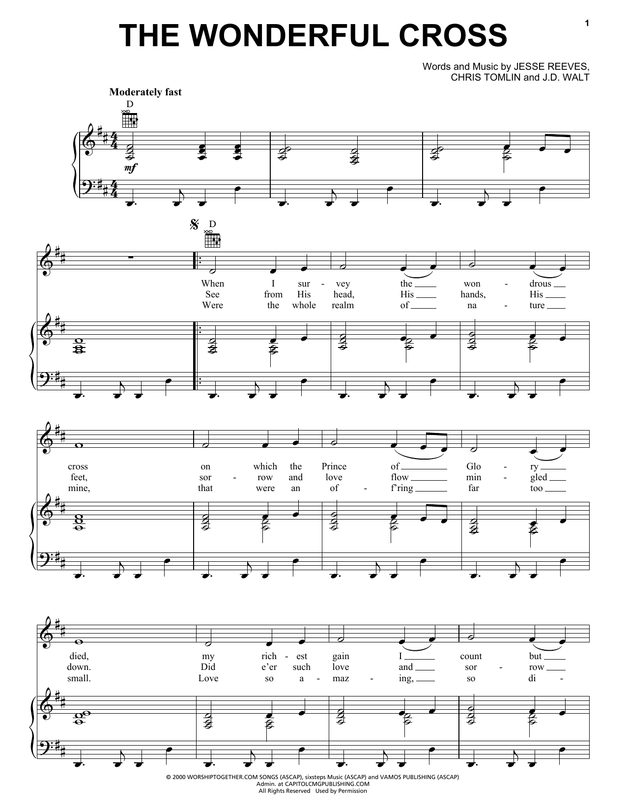Preview Chris Tomlin The Wonderful Cross Pop sheet music, notes and chords for Piano, Vocal & Guitar (Right-Hand Melody), SKU: 26923 sheet music, piano notes, chords, guitar tabs, score, transpose, transcribe, how to play, guide, download, learn, tutorial, progression, song, artist, awards, billboard, mtv, vh1, tour, single, album, release