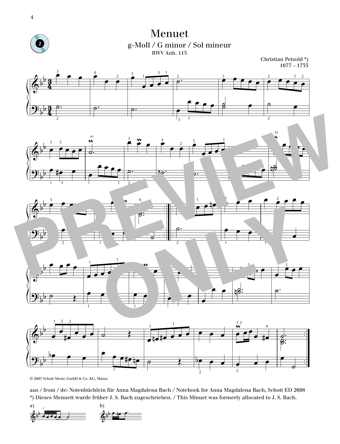 Learn to play Christian Petzold Minuet G minor sheet music for Piano Solo in minutes. Price: 6.9900$ Christian Petzold Minuet G minor sheet music notes and chords arranged for Piano Solo