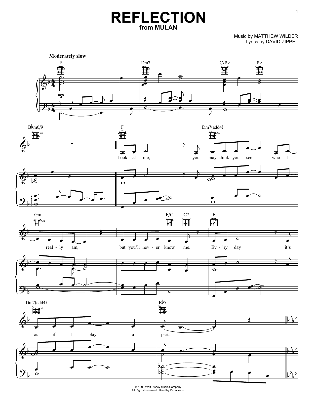 Christina Aguilera Reflection (Pop Version) (from Mulan) sheet music notes and chords - Download Printable PDF and start playing in minutes.