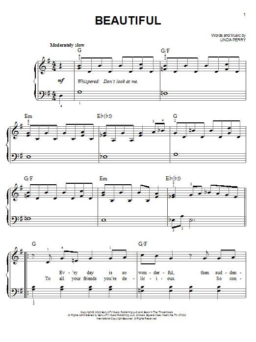 Christina Aguilera Beautiful sheet music notes and chords. Download Printable PDF.