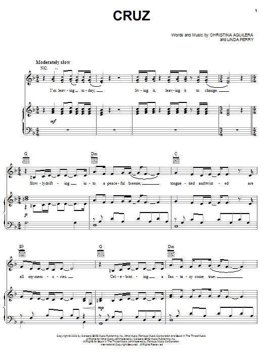 Learn to play Christina Aguilera Cruz sheet music for Piano, Vocal & Guitar (Right-Hand Melody) in minutes. Christina Aguilera Cruz sheet music notes and chords