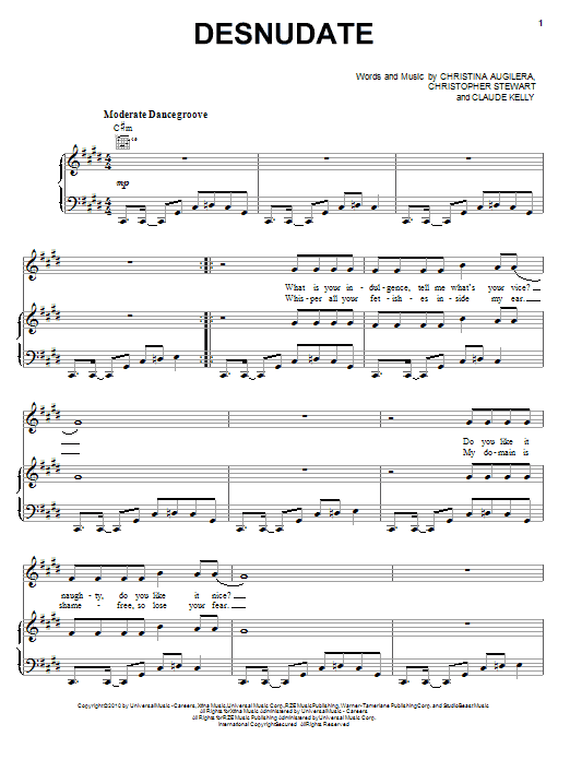 Christina Aguilera Desnudate sheet music notes and chords. Download Printable PDF.