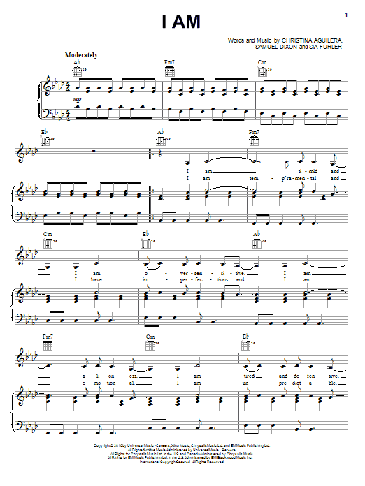 Learn to play Christina Aguilera I Am sheet music for Piano, Vocal & Guitar (Right-Hand Melody) in minutes. Christina Aguilera I Am sheet music notes and chords. Download Printable PDF.