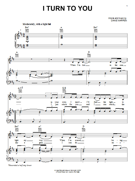 Christina Aguilera I Turn To You sheet music notes and chords. Download Printable PDF.