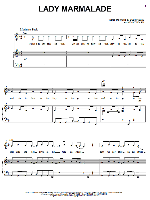 Learn to play Christina Aguilera Lady Marmalade sheet music for Piano, Vocal & Guitar (Right-Hand Melody) in minutes. Christina Aguilera Lady Marmalade sheet music notes and chords. Download Printable PDF.