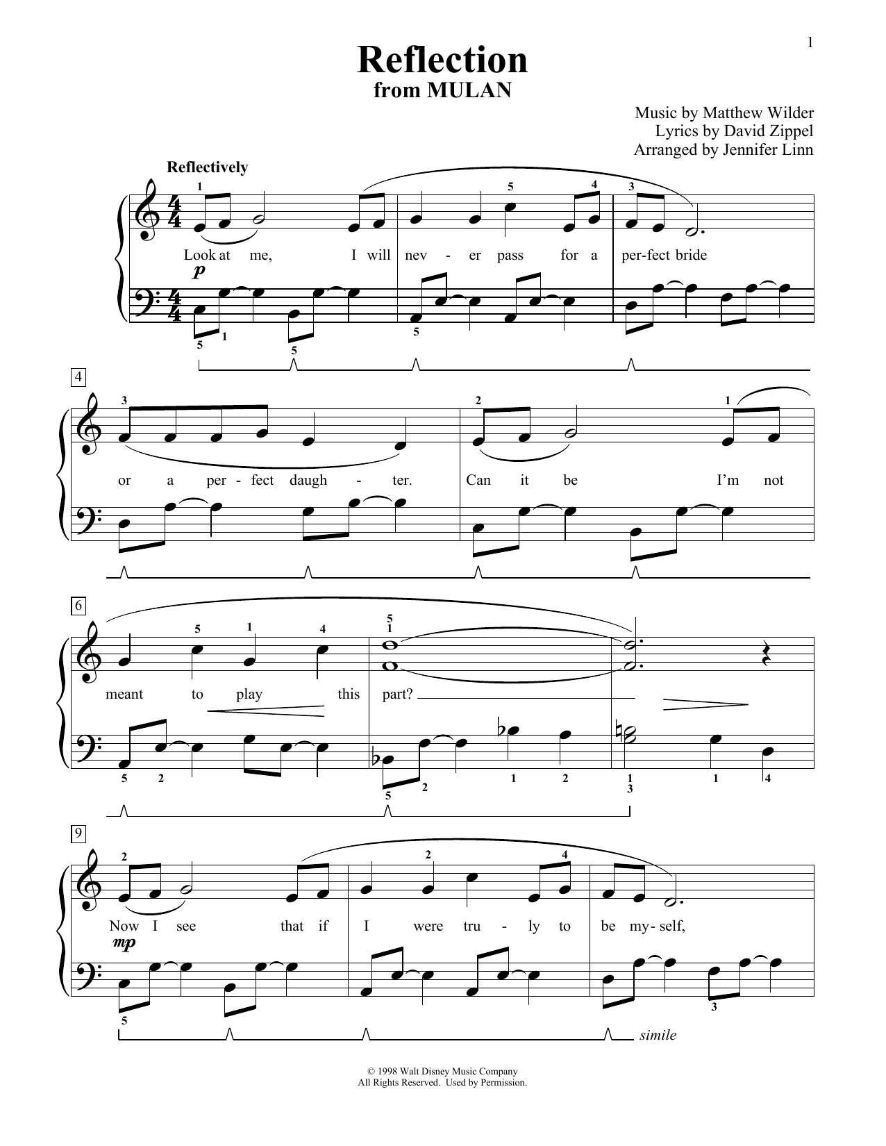 Learn to play Christina Aguilera Reflection (from Mulan) (arr. Jennifer Linn) sheet music for Educational Piano in minutes. Price: 6.9900$ Christina Aguilera Reflection (from Mulan) (arr. Jennifer Linn) sheet music notes and chords arranged for Educational Piano