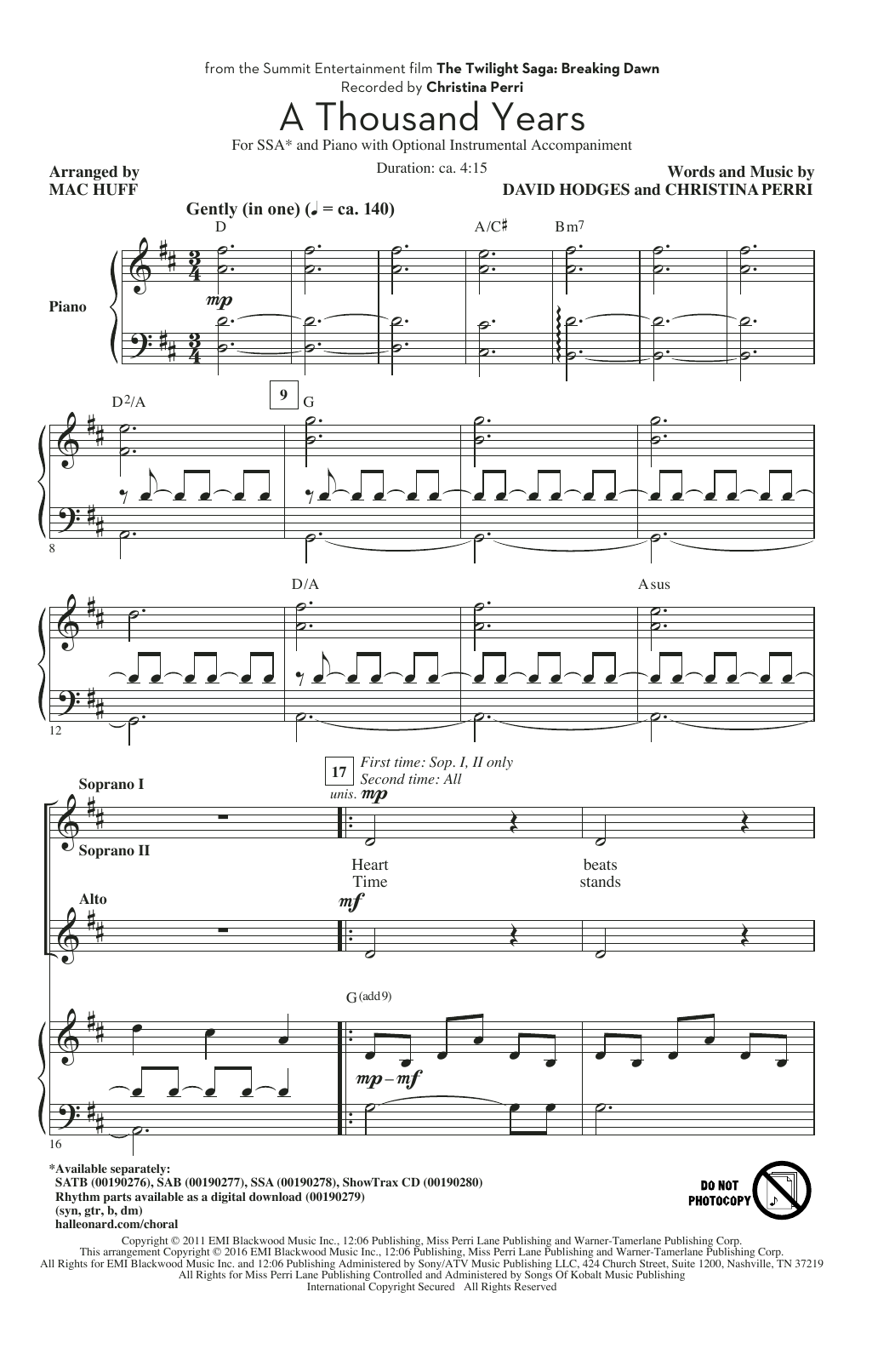 Christina Perri A Thousand Years Piano Sheet Music Notes Chords Ssa Download Printable Pdf