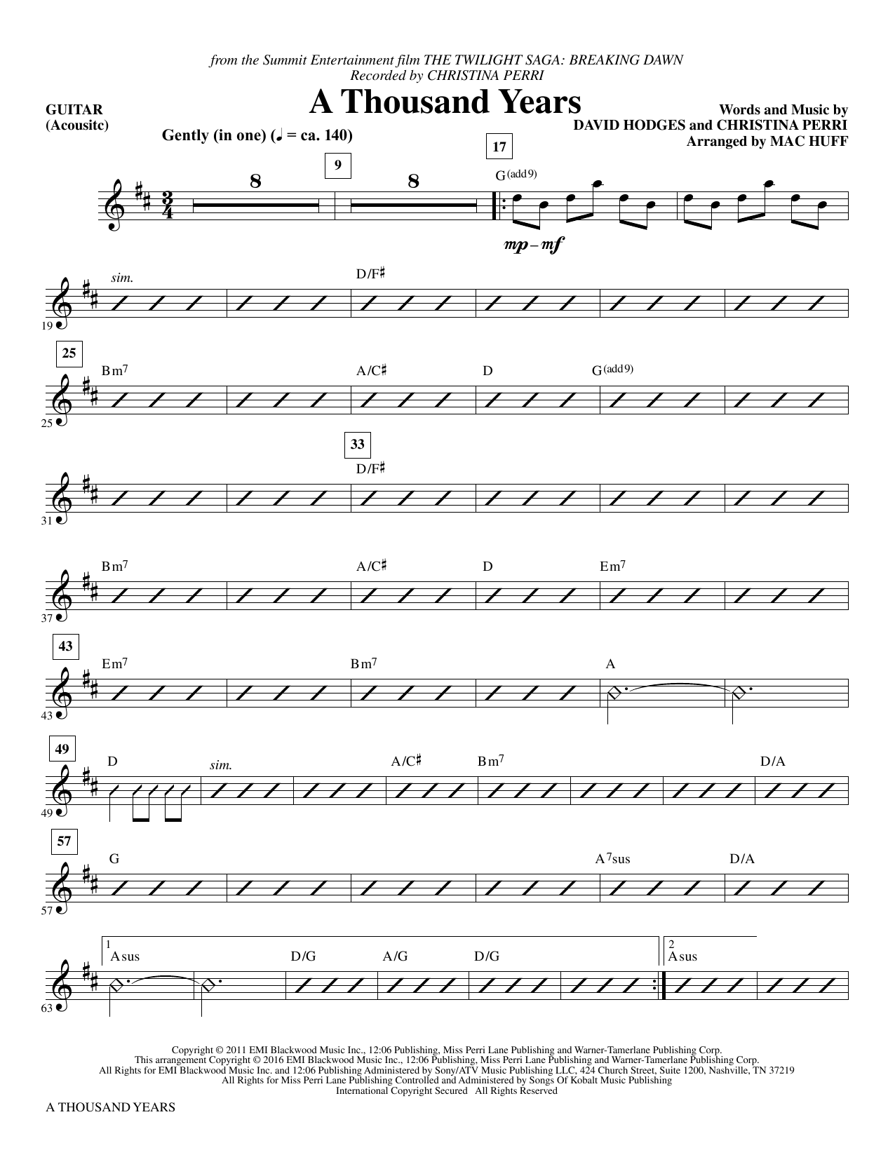 Learn to play Christina Perri A Thousand Years (arr. Mac Huff) - Guitar sheet music for Choir Instrumental Pak in minutes. Christina Perri A Thousand Years (arr. Mac Huff) - Guitar sheet music notes and chords. Download Printable PDF.